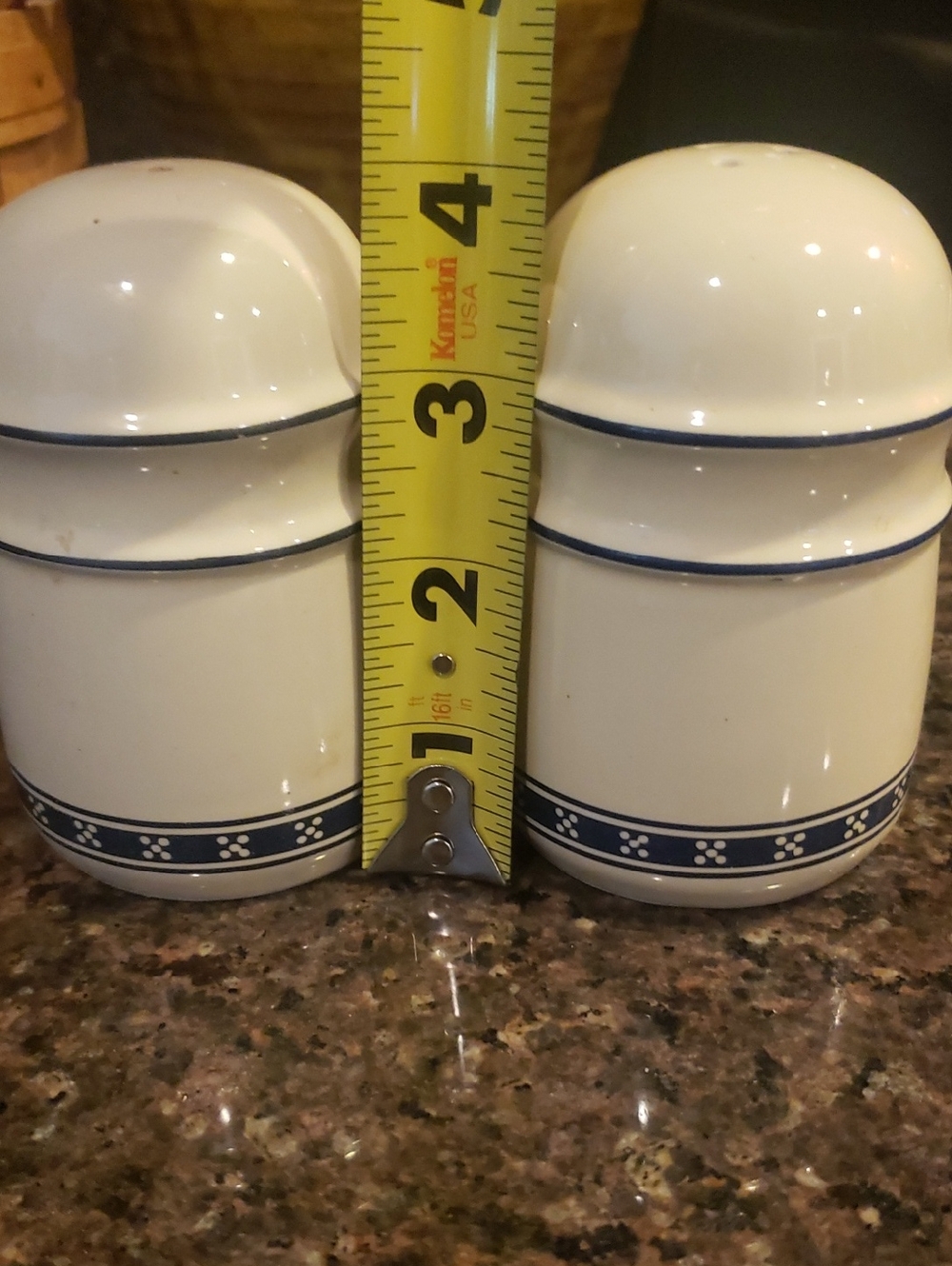 Vtg Cream Ceramic Salt and Pepper Shakers with Blue Trim - 4" H, 2 1/2" Diameter